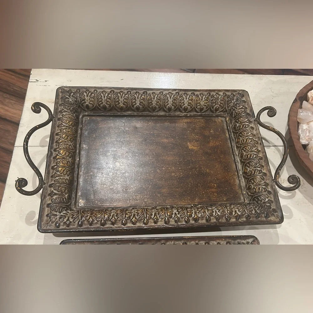 Antique-Style Brown and Gold Decorative Tray Set